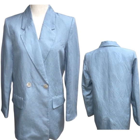 NWT H&M Light Blue Linen Belted Blazer Jacket Oversized Lined Size XSmall - Picture 6 of 16